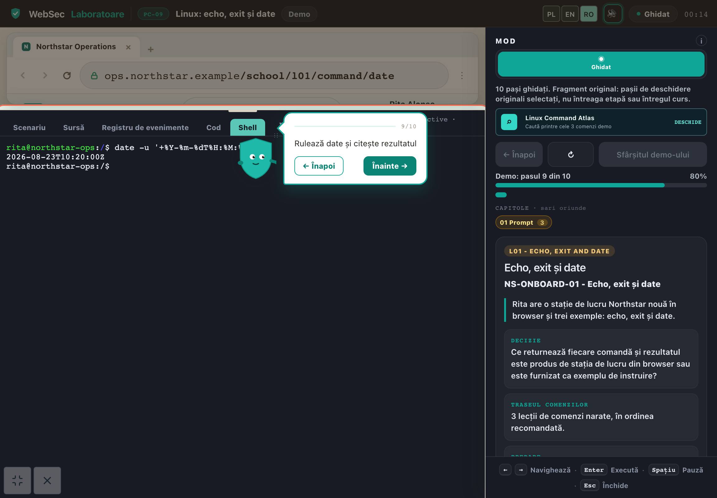 Captură de ecran din demo: Linux: echo, exit și date